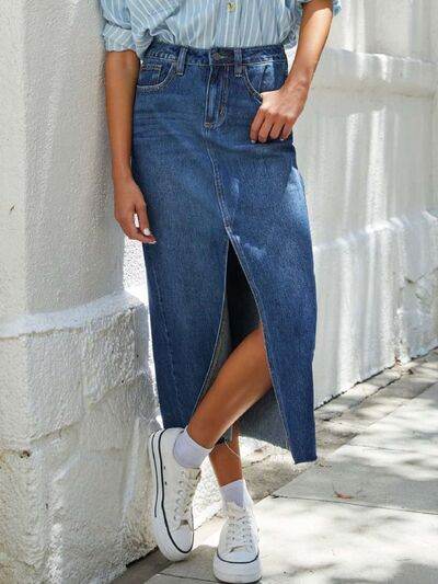 Raw Hem Front Slit Denim Midi Skirt - MARIGOLD