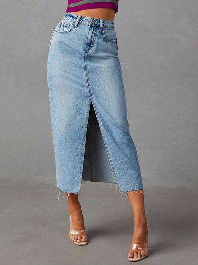 Raw Hem Front Slit Denim Midi Skirt - MARIGOLD