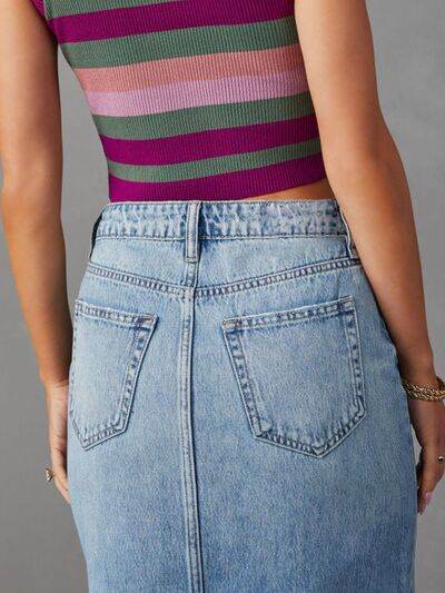 Raw Hem Front Slit Denim Midi Skirt - MARIGOLD