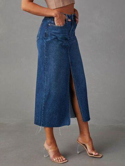 Raw Hem Front Slit Denim Midi Skirt - MARIGOLD