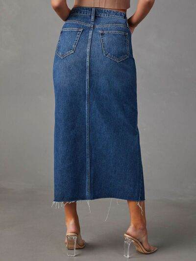 Raw Hem Front Slit Denim Midi Skirt - MARIGOLD