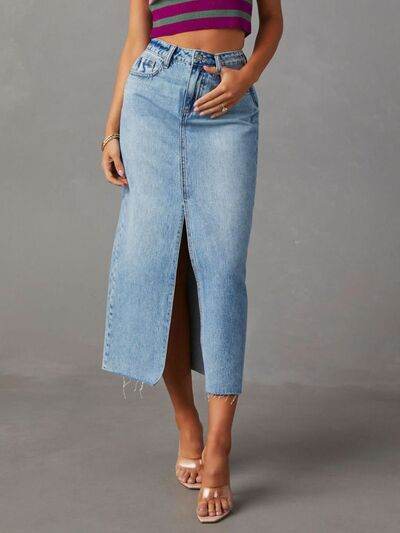 Raw Hem Front Slit Denim Midi Skirt - MARIGOLD