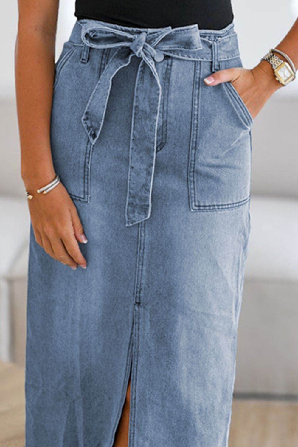 Denim Tie-Waist Midi Skirt - MARIGOLD