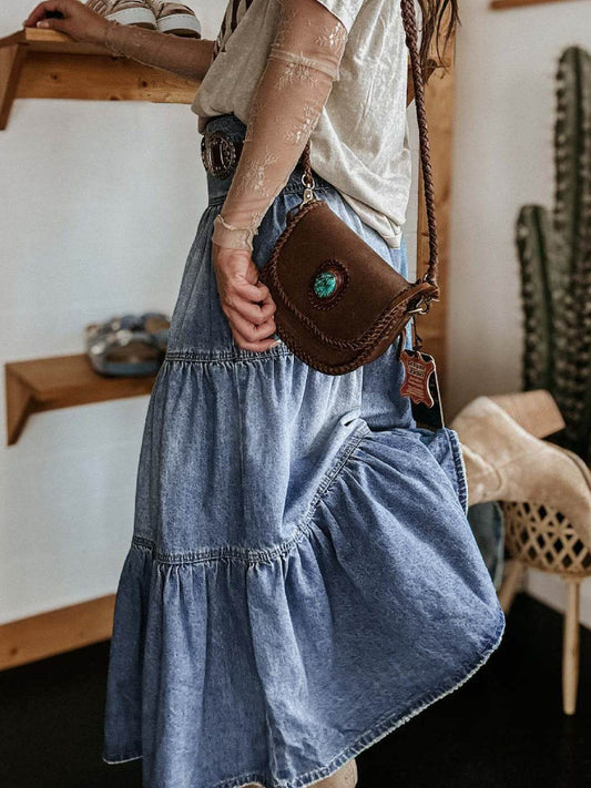 Tiered Button-Fly Denim Skirt - MARIGOLD