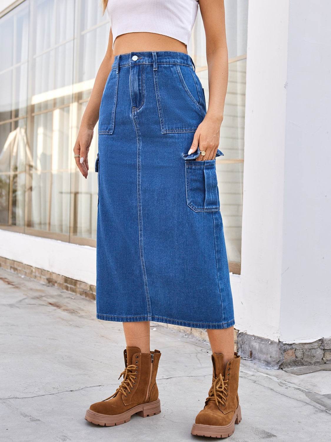 Midi Denim Skirt with Back Slit & Pockets - MARIGOLD
