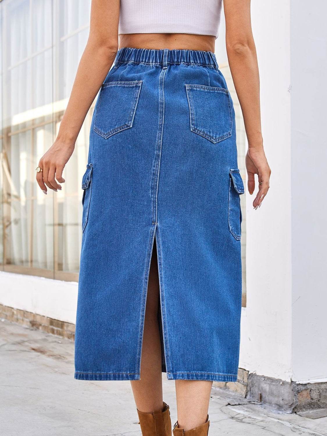 Midi Denim Skirt with Back Slit & Pockets - MARIGOLD