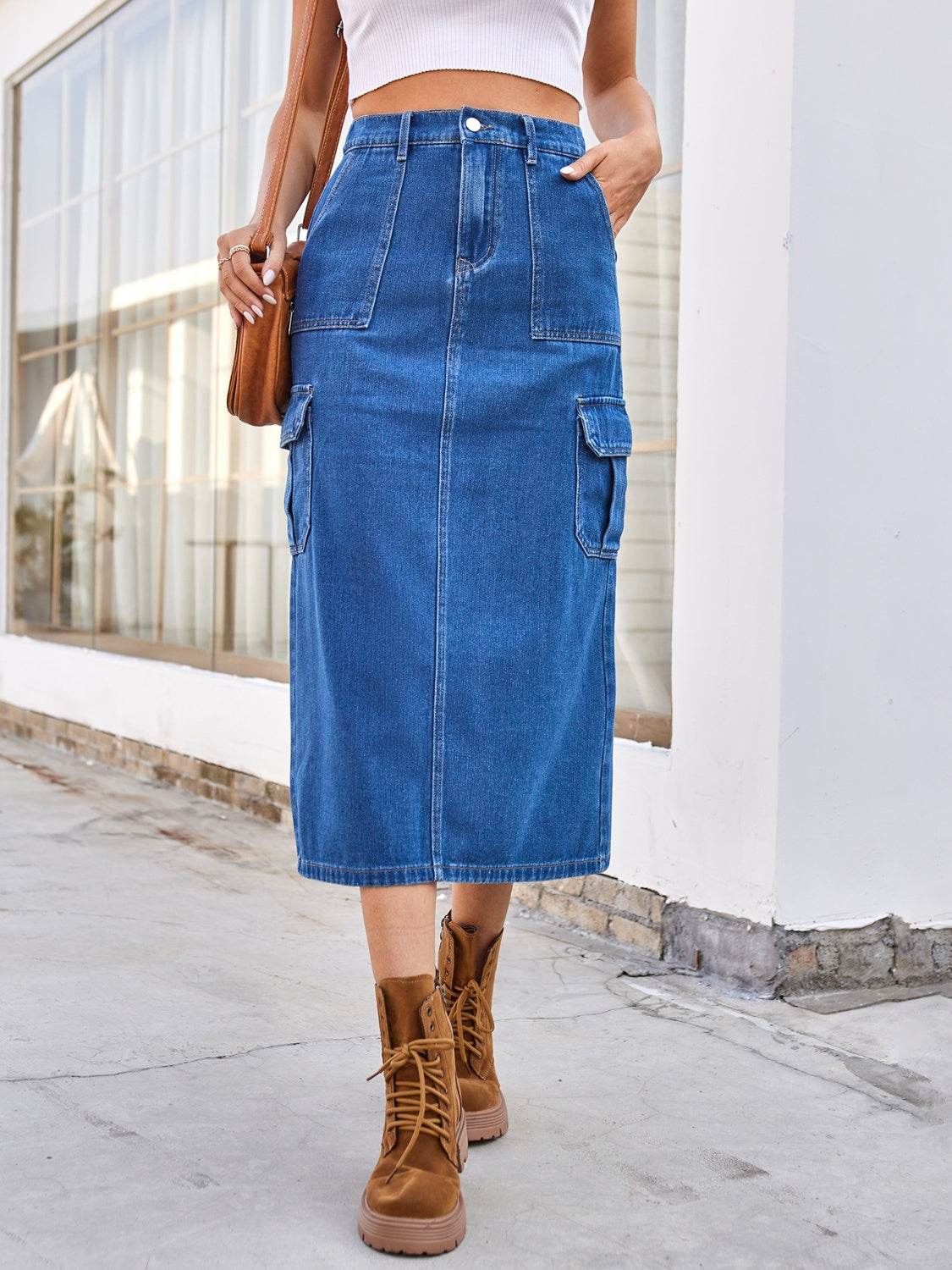 Midi Denim Skirt with Back Slit & Pockets - MARIGOLD