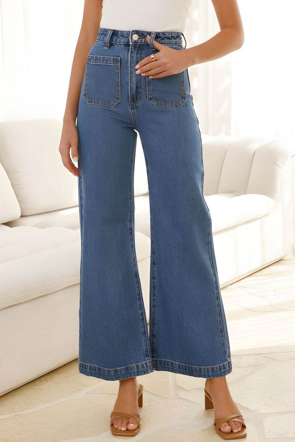 High Waist Bootcut Jeans with Pockets - MARIGOLD