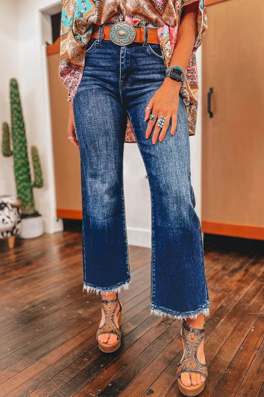 Mineral Wash Raw Hem High Waist Flared Jeans - MARIGOLD