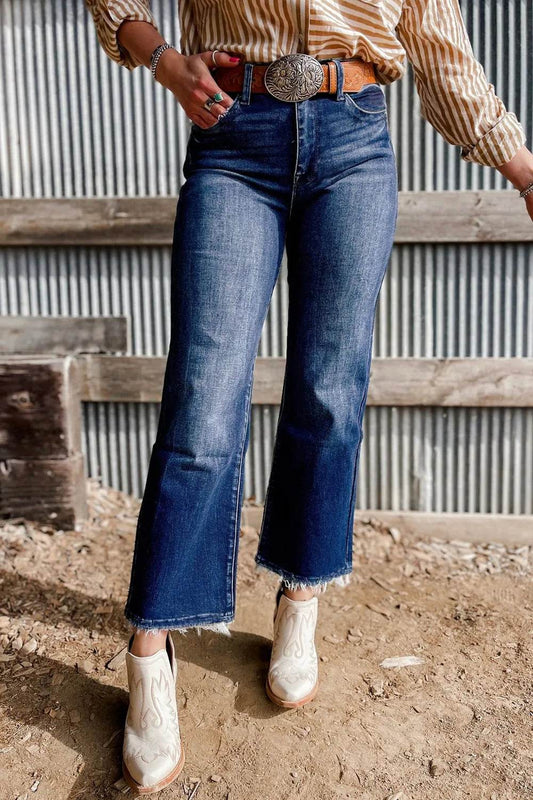Mineral Wash Raw Hem High Waist Flared Jeans - MARIGOLD