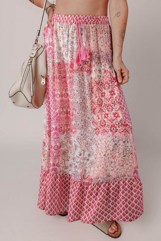 Bohemian Pink Printed Tassel Drawstring Maxi Skirt - MARIGOLD