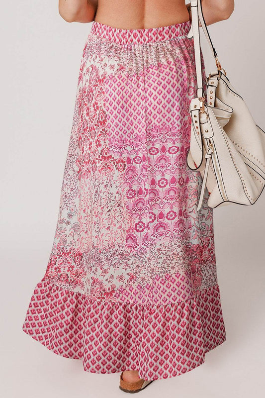 Bohemian Pink Printed Tassel Drawstring Maxi Skirt - MARIGOLD