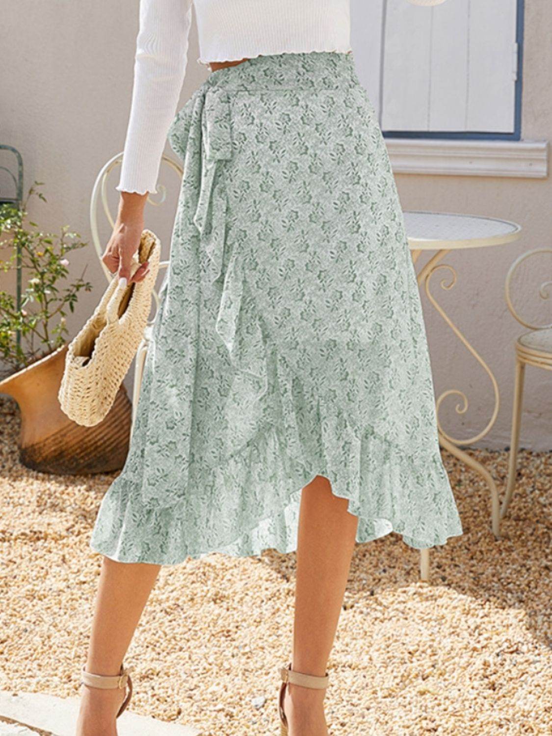 Floral Ruffled Wrap Tie Midi Skirt with Side Tie - MARIGOLD