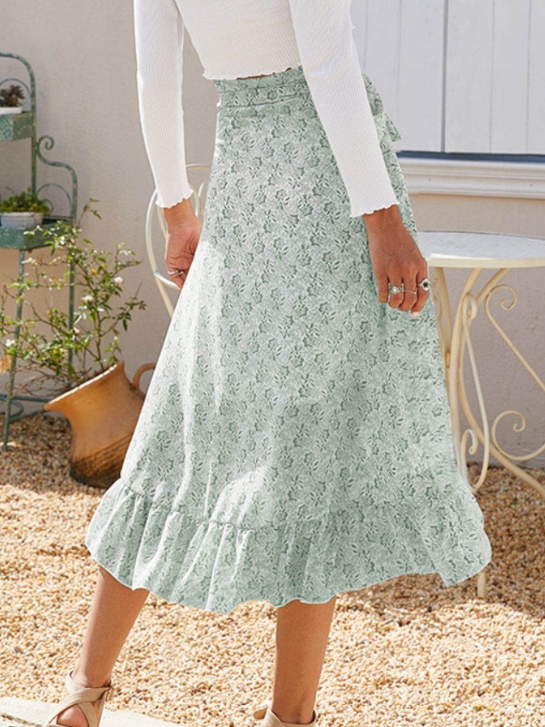 Floral Ruffled Wrap Tie Midi Skirt with Side Tie - MARIGOLD