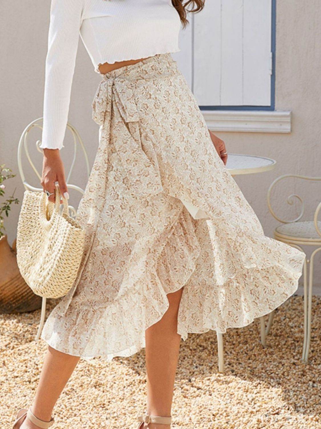 Floral Ruffled Wrap Tie Midi Skirt with Side Tie - MARIGOLD