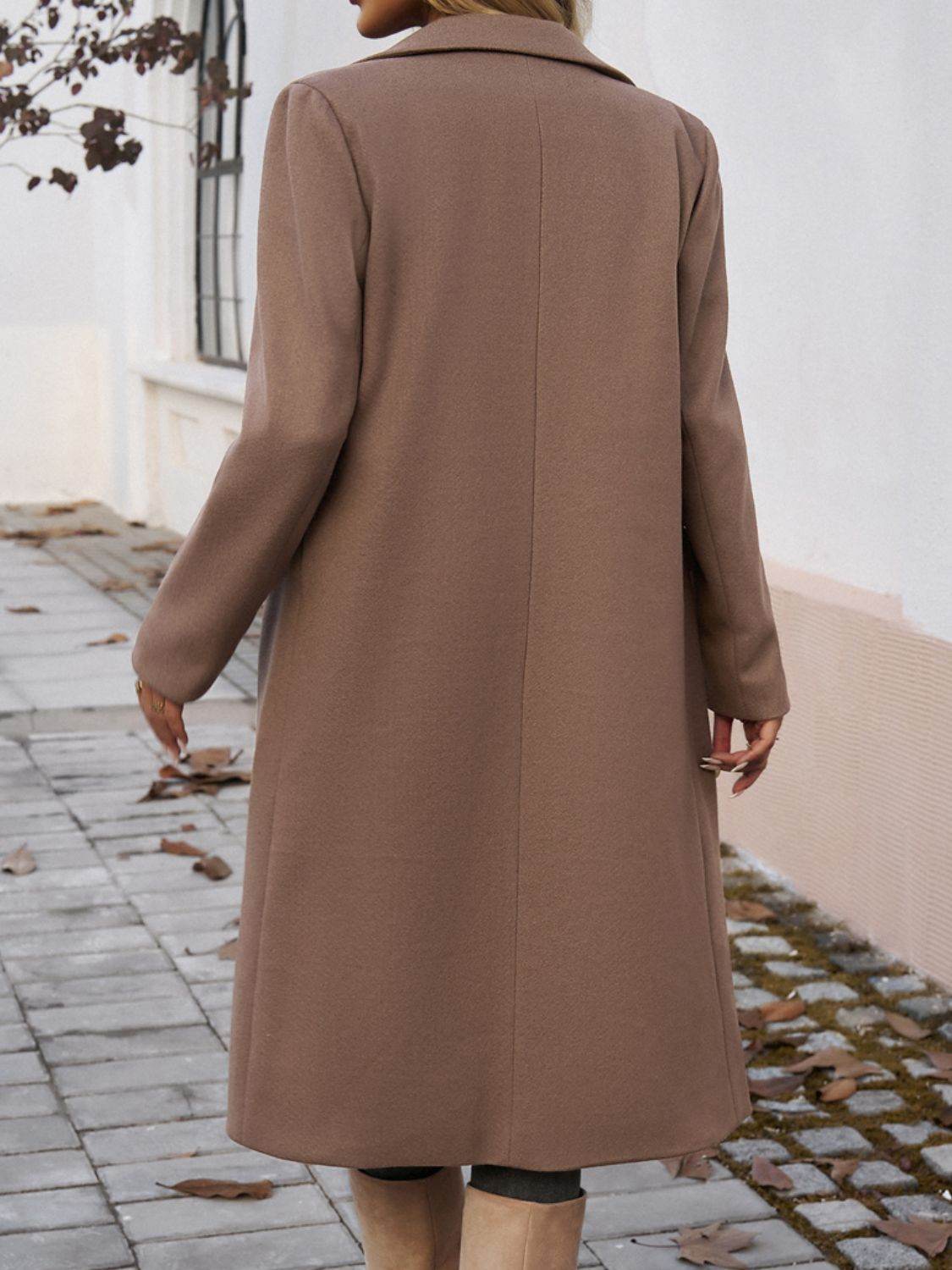 Pocketed Collared Neck Long Sleeve Coat - MARIGOLD