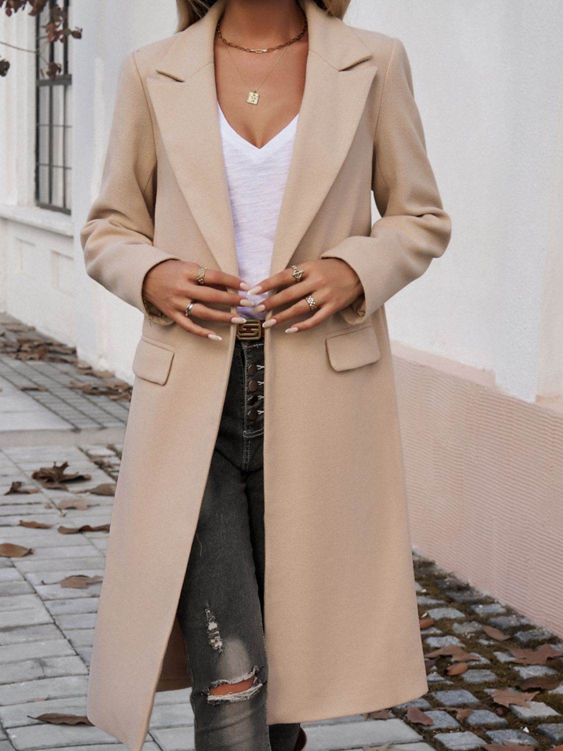 Pocketed Collared Neck Long Sleeve Coat - MARIGOLD