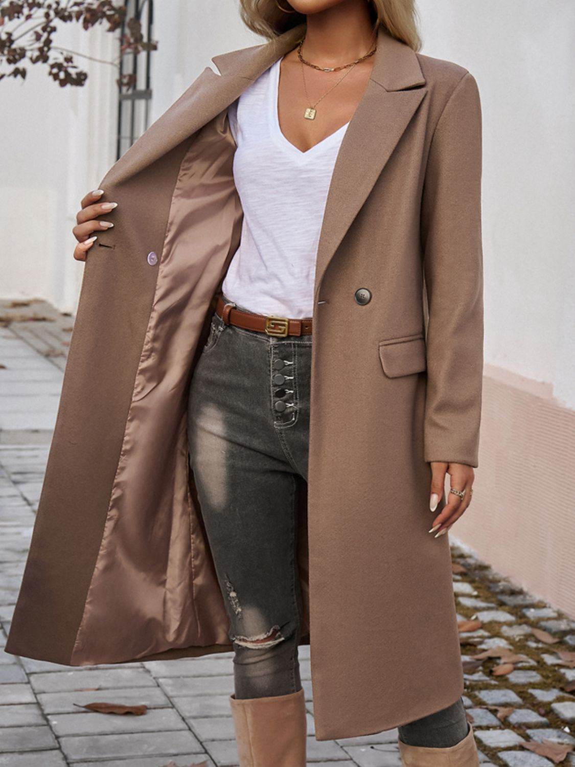 Pocketed Collared Neck Long Sleeve Coat - MARIGOLD