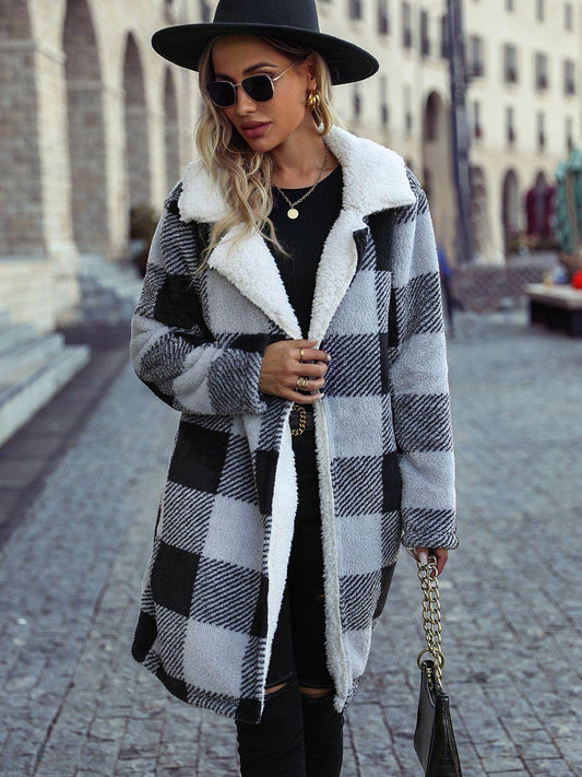 Plaid Open Front Coat with Pockets - MARIGOLD