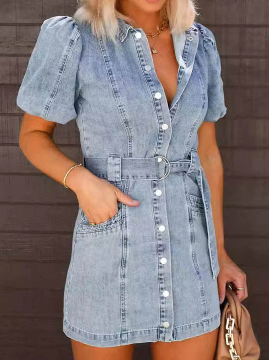 Denim Puff Sleeve Shirt Mini Dress - MARIGOLD