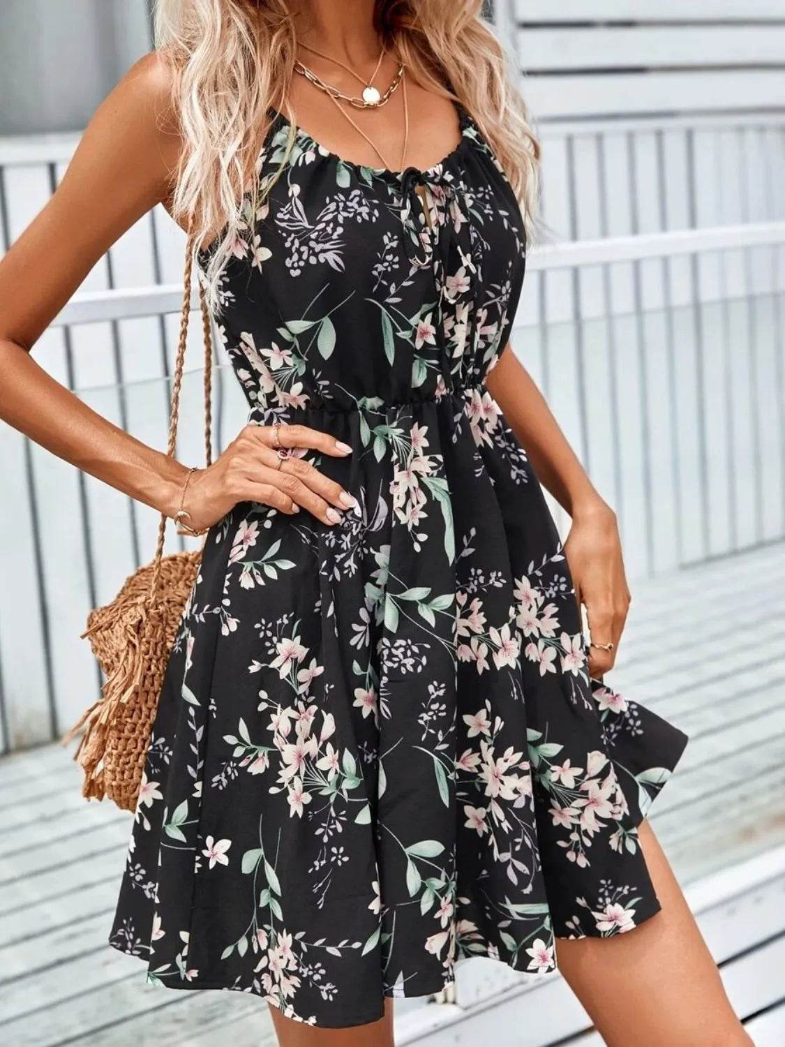 Floral Print Spaghetti Strap Mini Dress - MARIGOLD