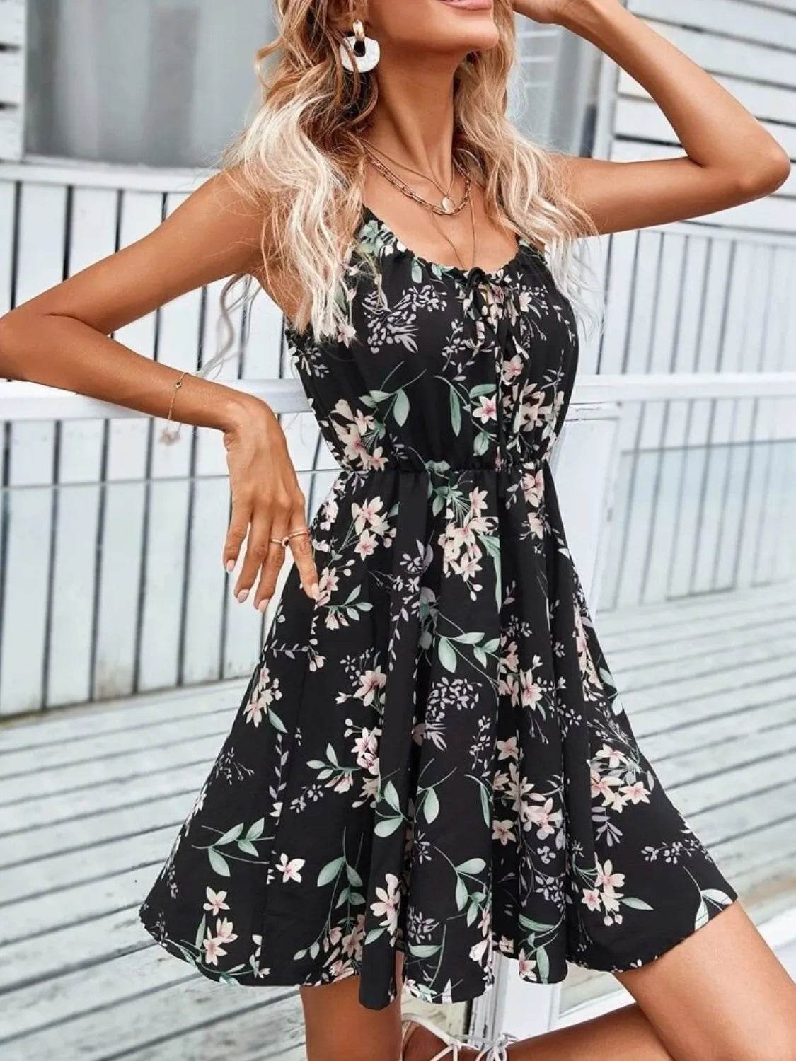 Floral Print Spaghetti Strap Mini Dress - MARIGOLD