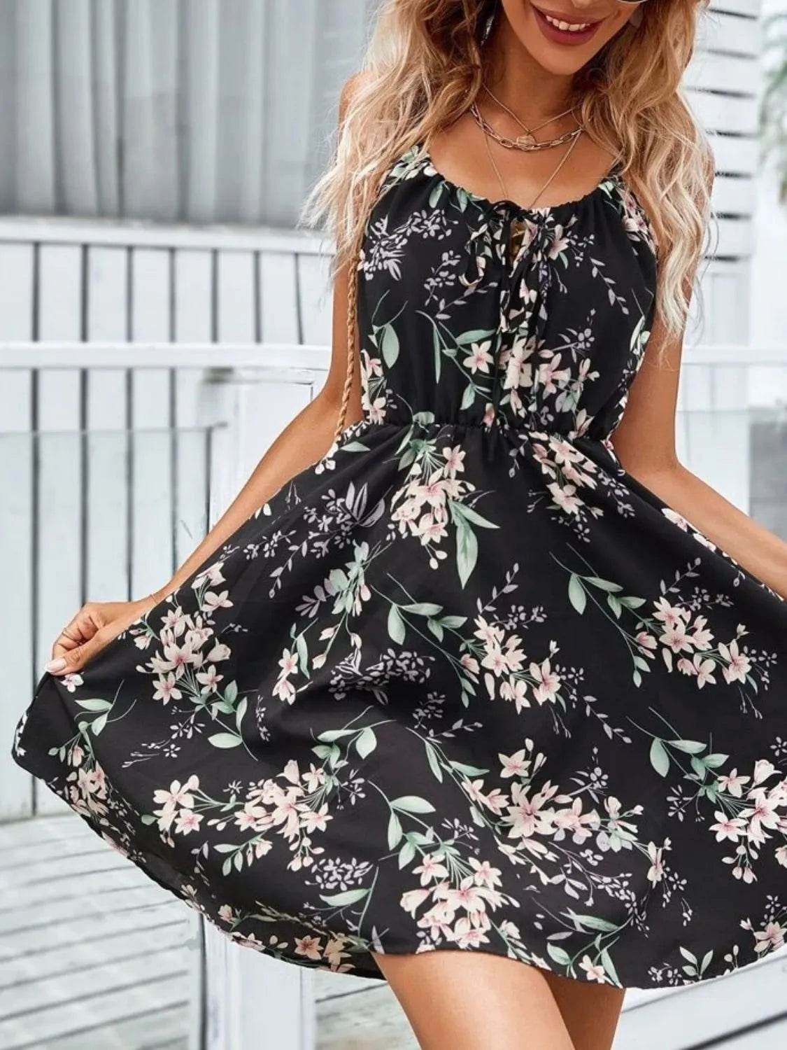 Floral Print Spaghetti Strap Mini Dress - MARIGOLD