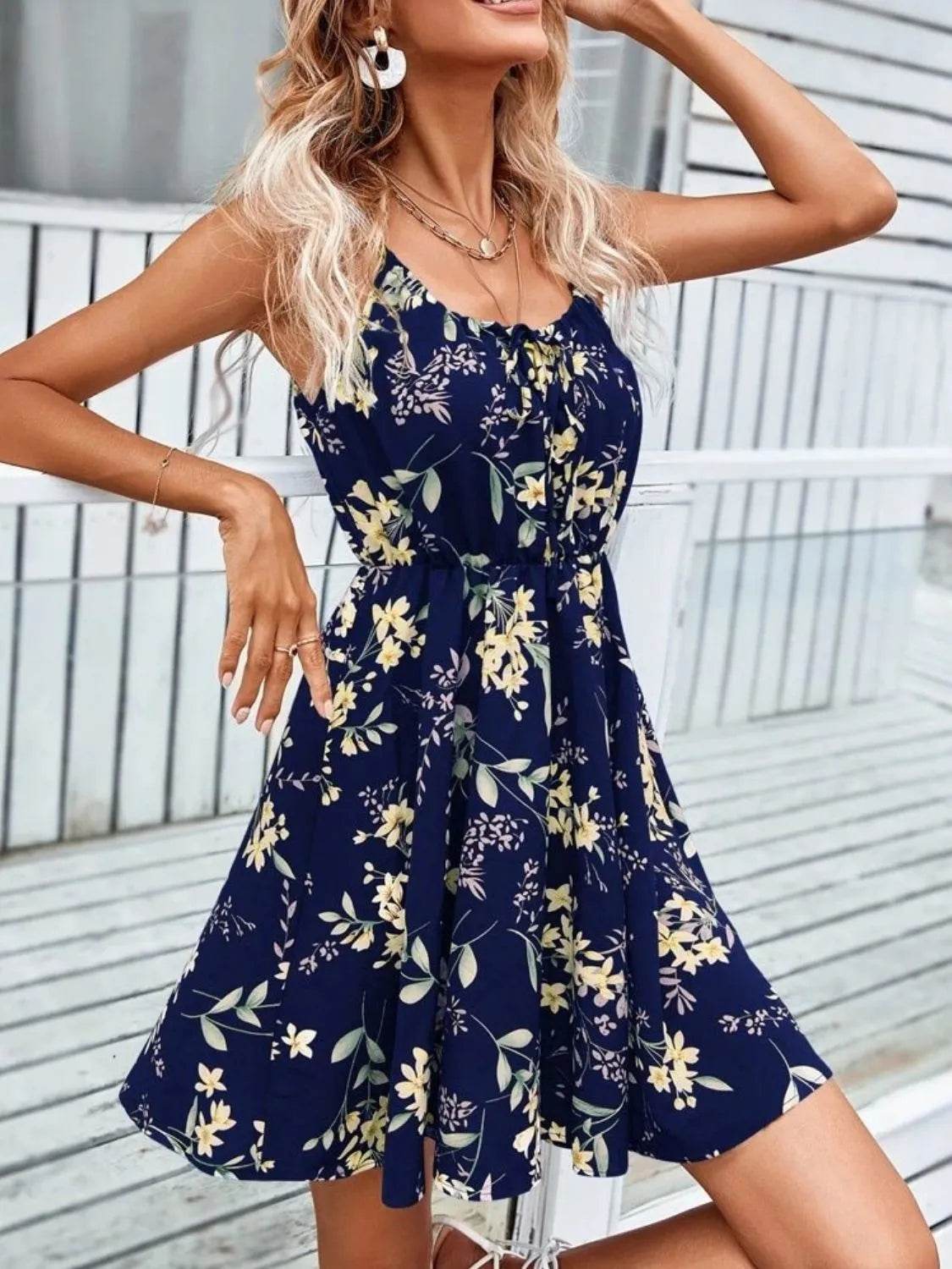 Floral Print Spaghetti Strap Mini Dress - MARIGOLD
