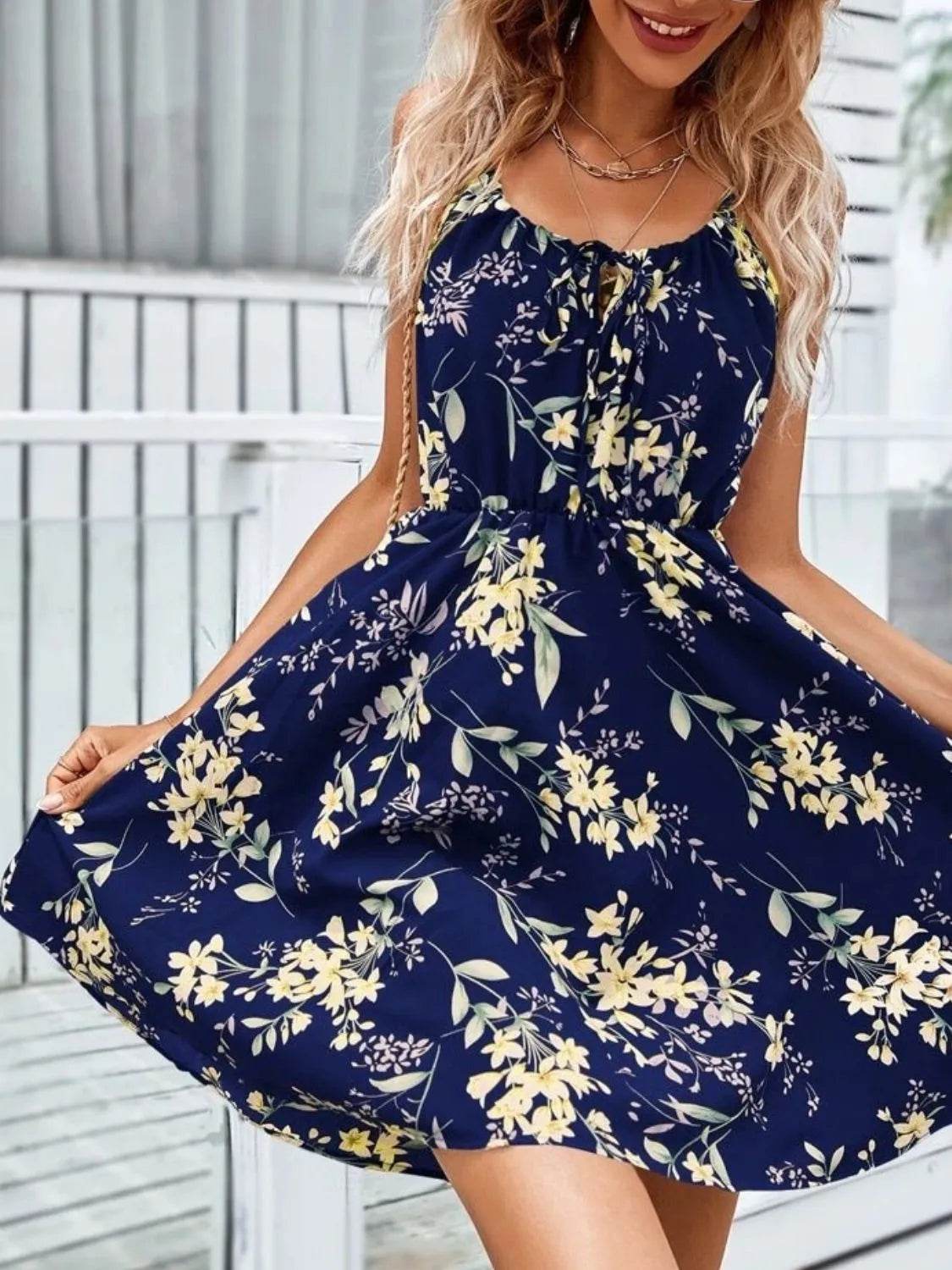 Floral Print Spaghetti Strap Mini Dress - MARIGOLD