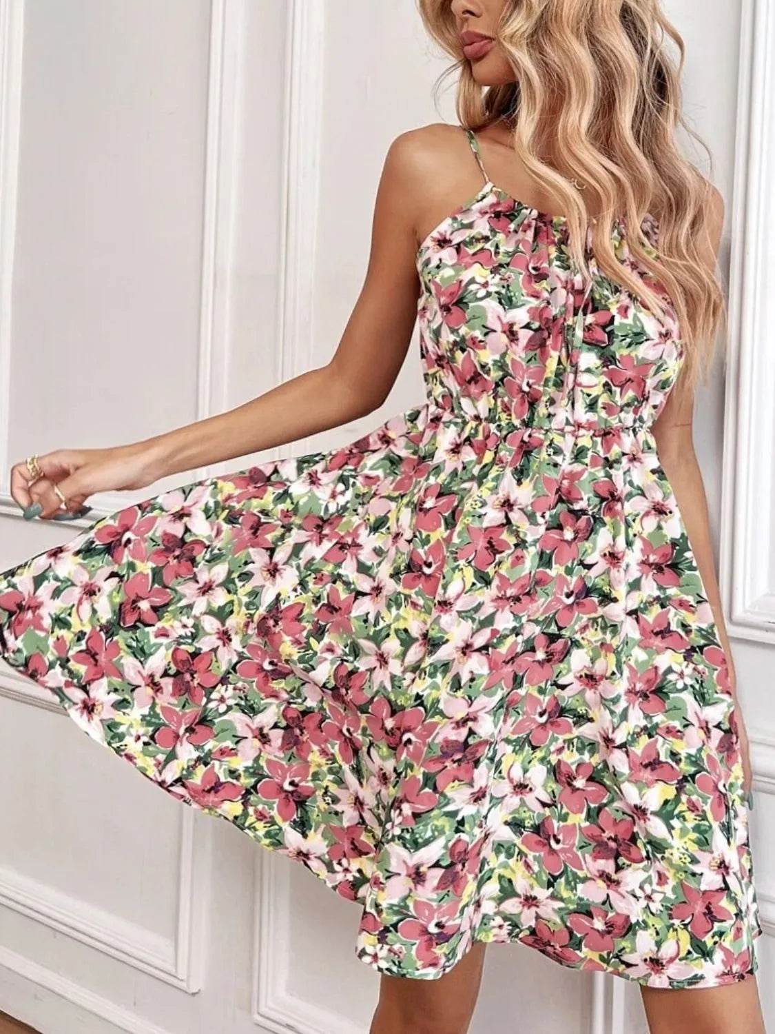 Floral Print Spaghetti Strap Mini Dress - MARIGOLD