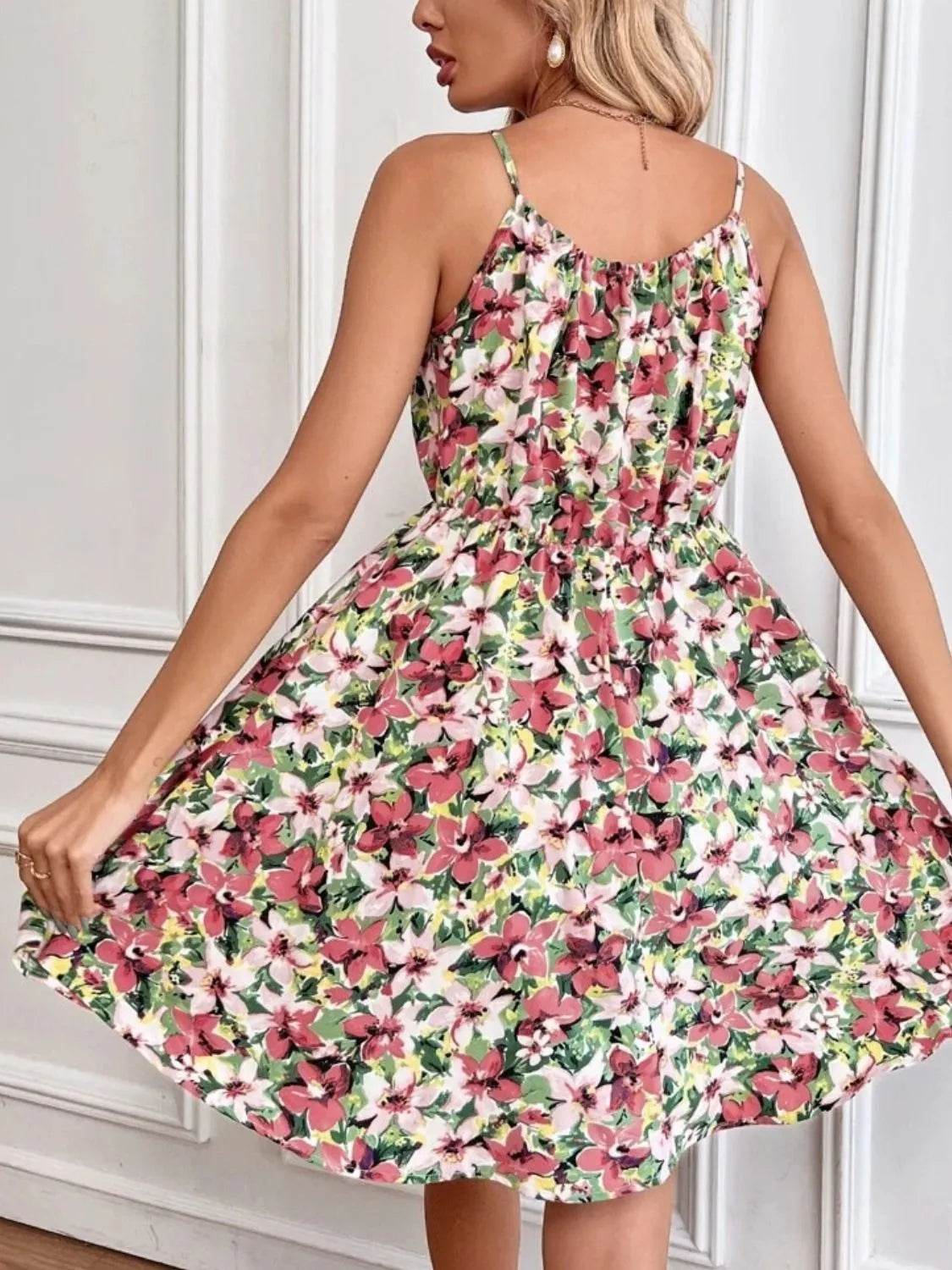 Floral Print Spaghetti Strap Mini Dress - MARIGOLD