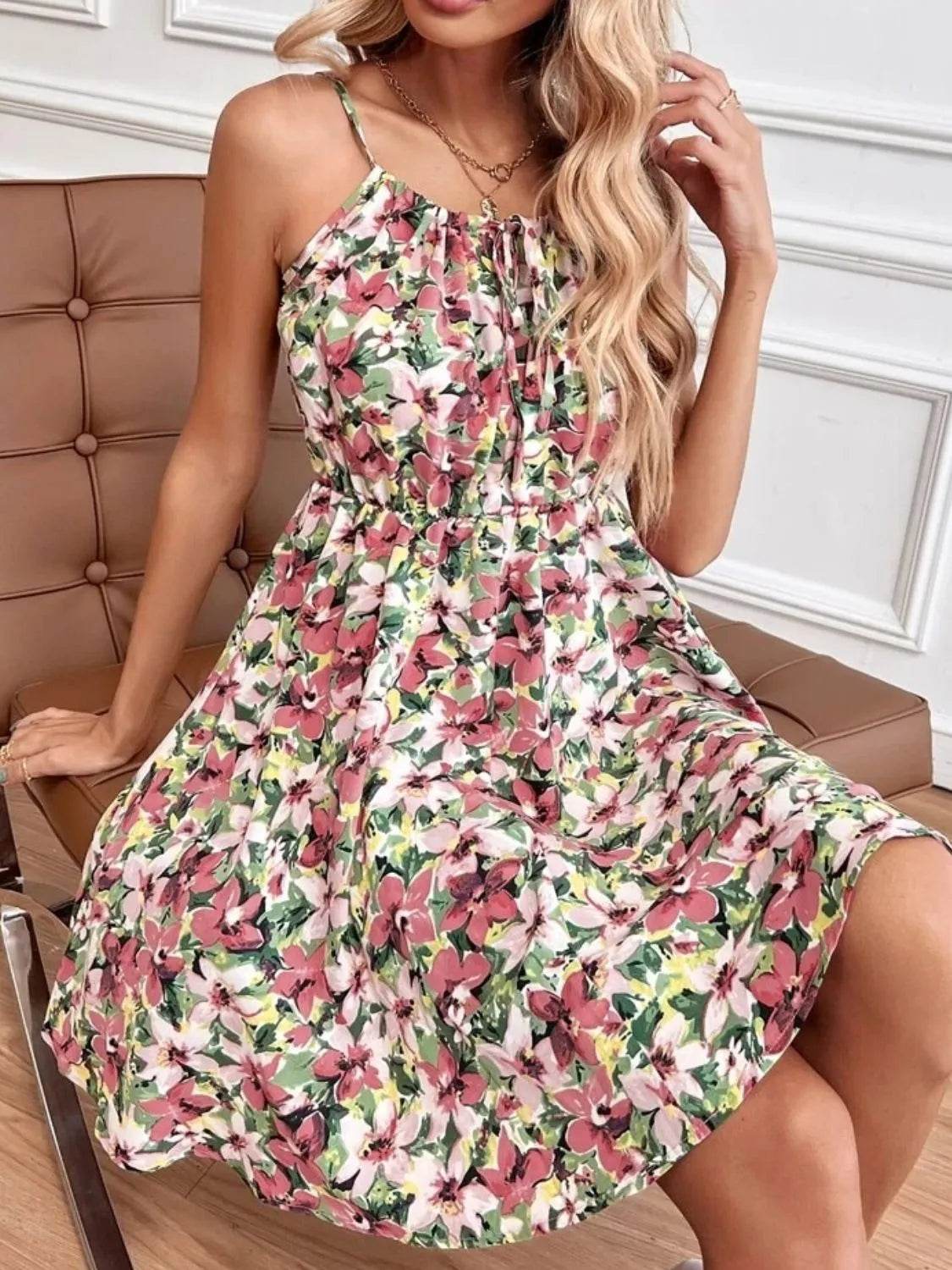 Floral Print Spaghetti Strap Mini Dress - MARIGOLD