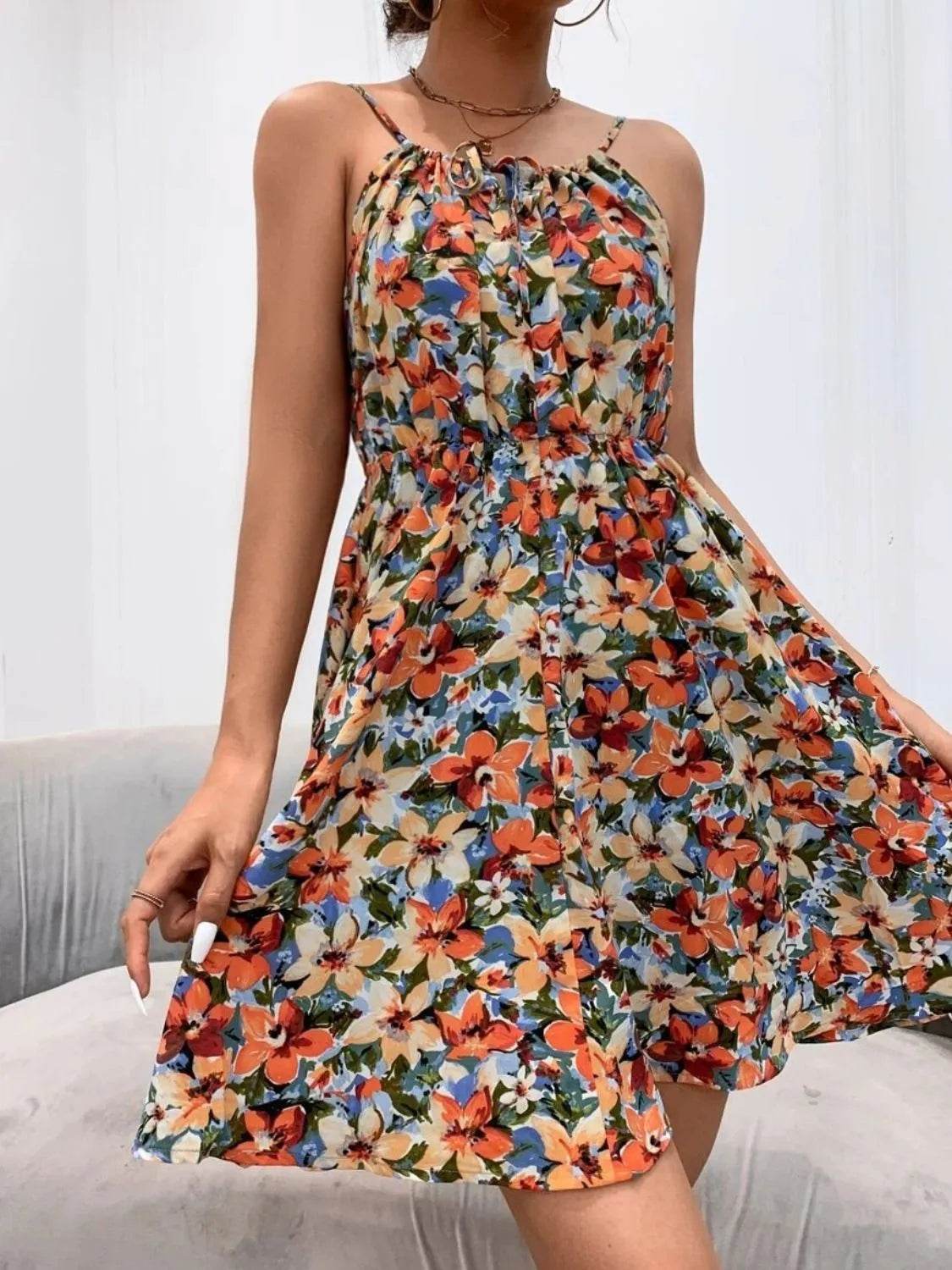 Floral Print Spaghetti Strap Mini Dress - MARIGOLD