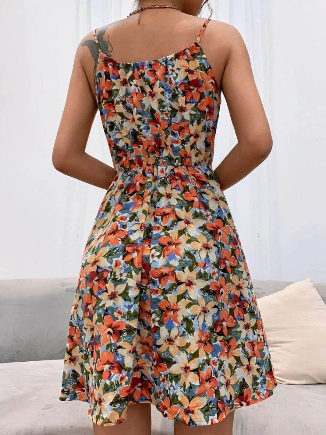 Floral Print Spaghetti Strap Mini Dress - MARIGOLD