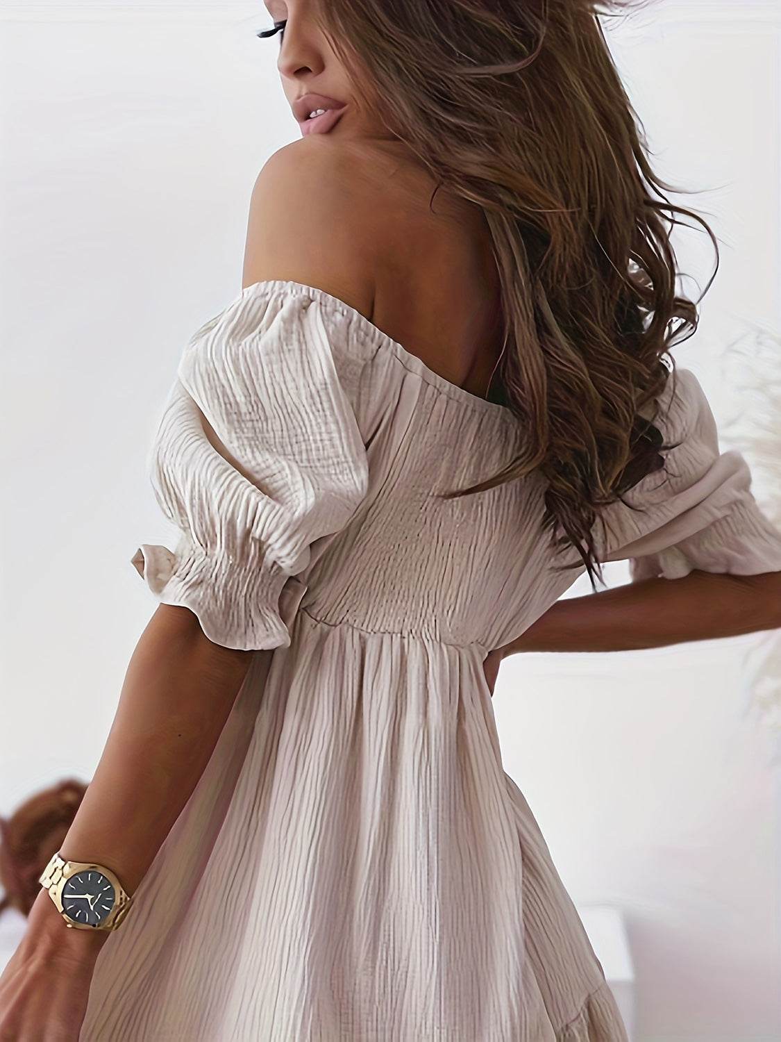 Full Size Ruffled Off-Shoulder Short Sleeve Dress - MARIGOLD
