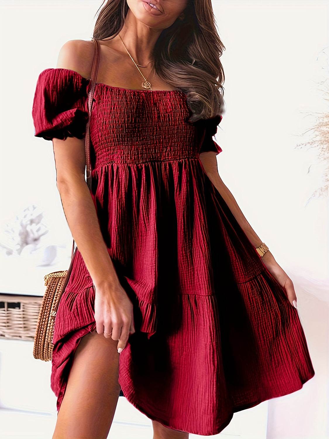 Full Size Ruffled Off-Shoulder Short Sleeve Dress - MARIGOLD