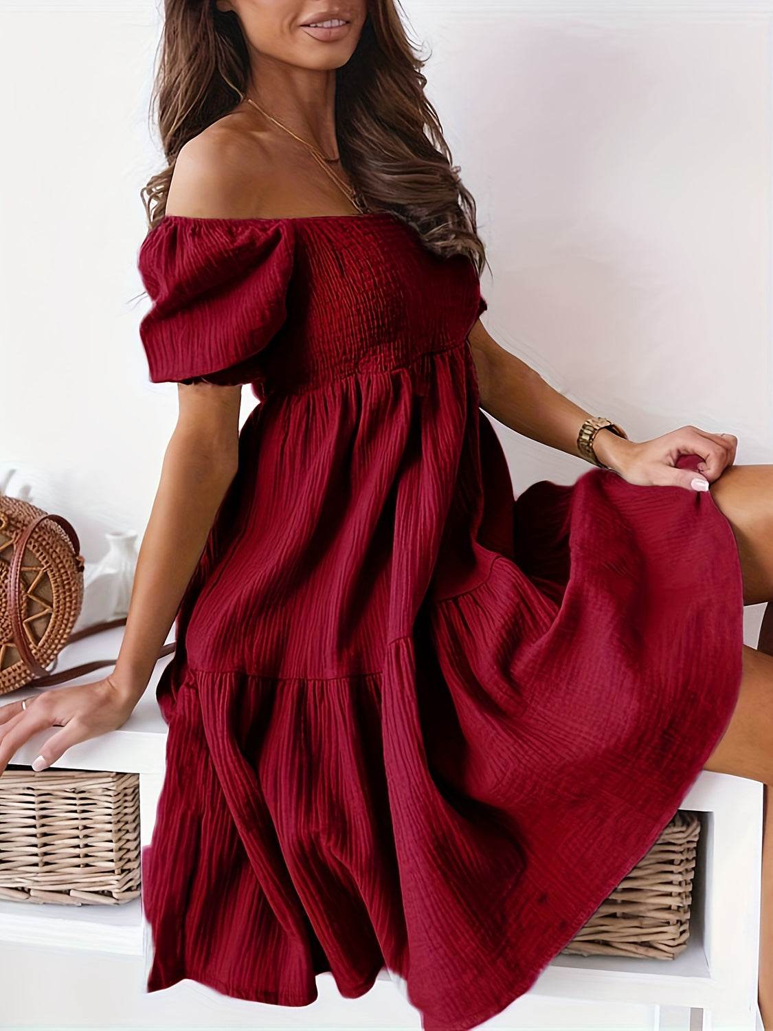 Full Size Ruffled Off-Shoulder Short Sleeve Dress - MARIGOLD