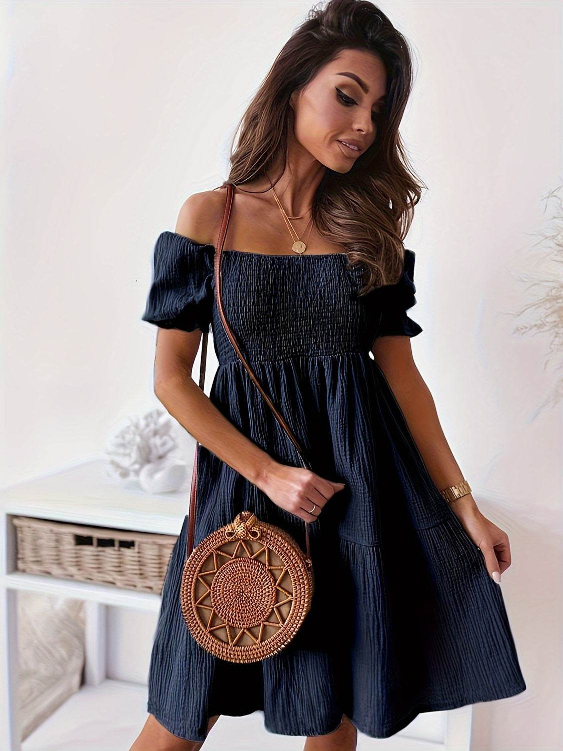 Full Size Ruffled Off-Shoulder Short Sleeve Dress - MARIGOLD