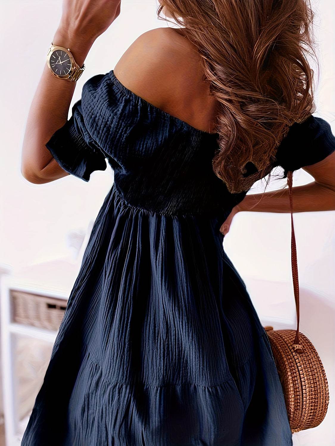Full Size Ruffled Off-Shoulder Short Sleeve Dress - MARIGOLD