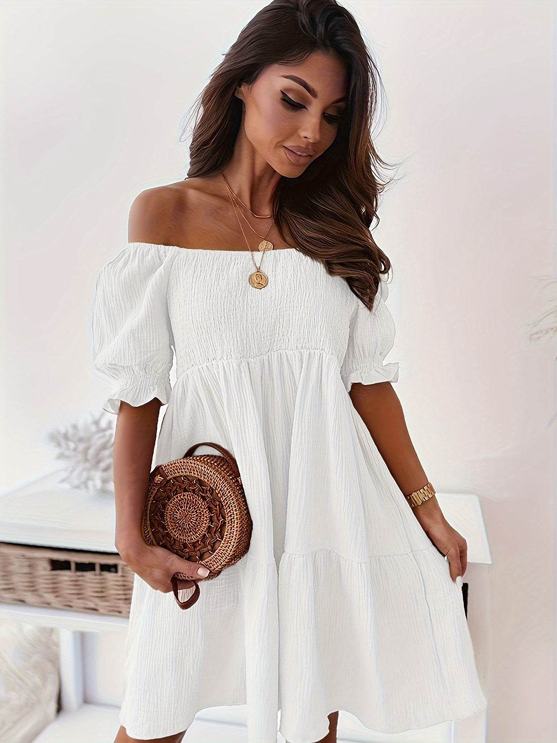 Full Size Ruffled Off-Shoulder Short Sleeve Dress - MARIGOLD