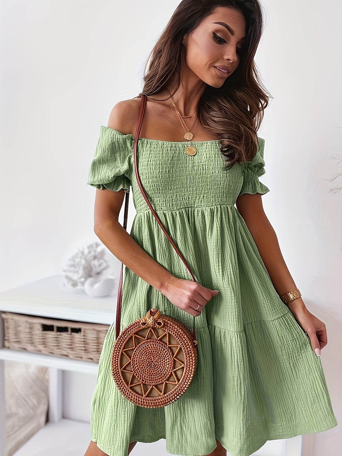 Full Size Ruffled Off-Shoulder Short Sleeve Dress - MARIGOLD