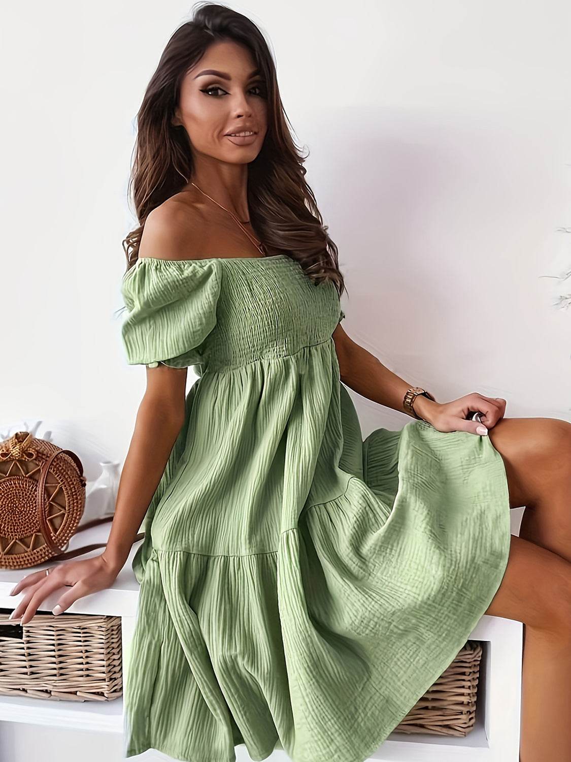 Full Size Ruffled Off-Shoulder Short Sleeve Dress - MARIGOLD