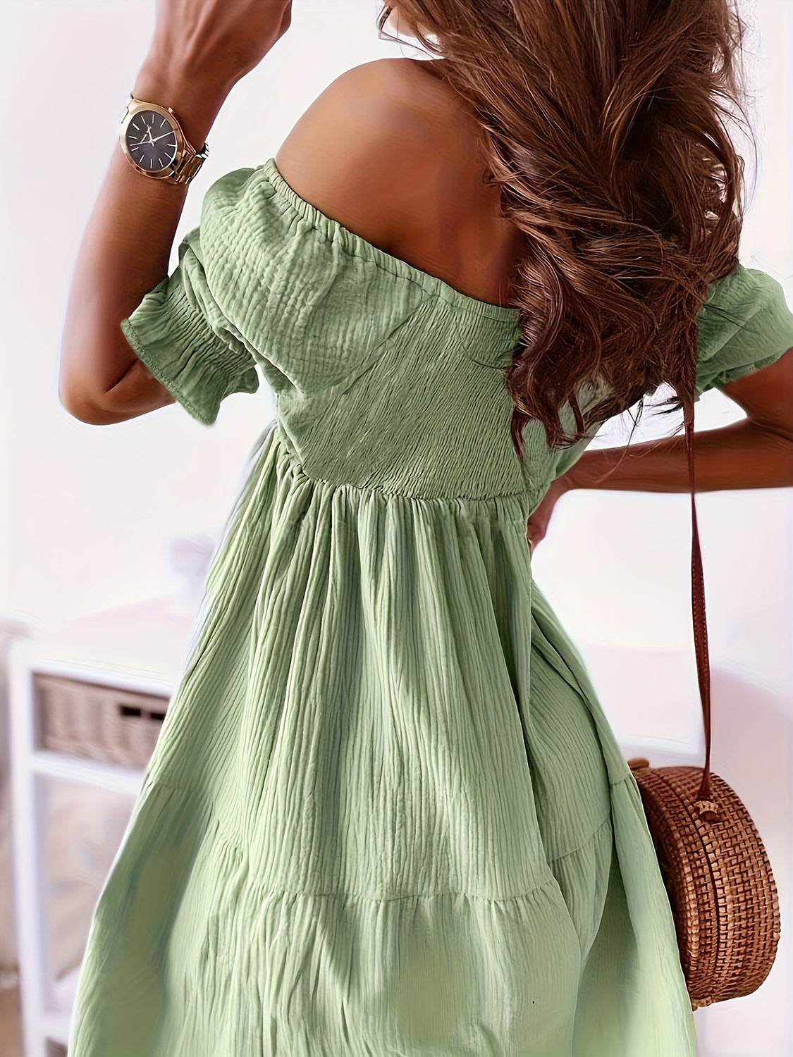 Full Size Ruffled Off-Shoulder Short Sleeve Dress - MARIGOLD