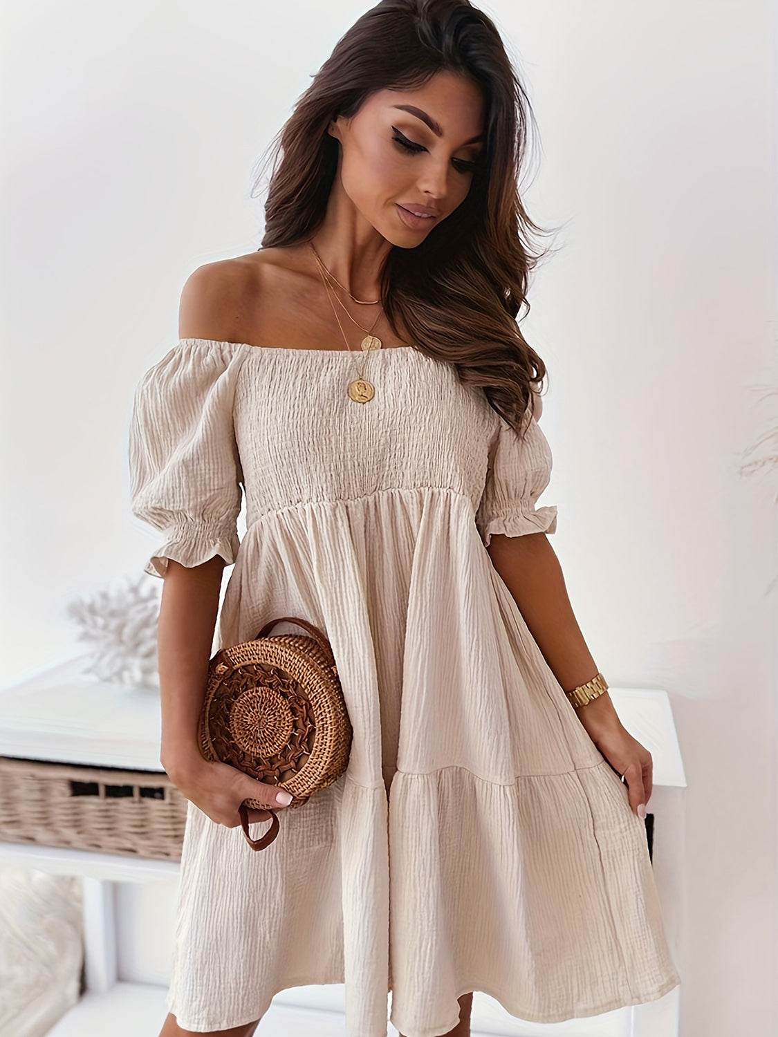 Full Size Ruffled Off-Shoulder Short Sleeve Dress - MARIGOLD