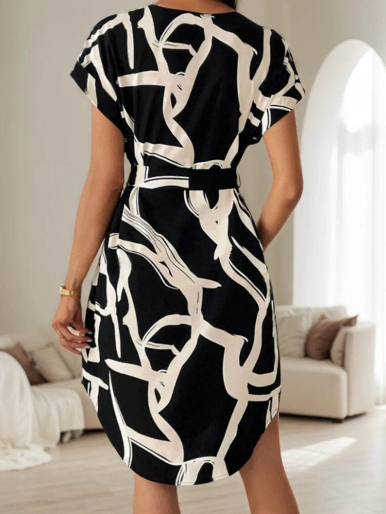 Curved Hem Notch Neckline Waist Tie Dress - MARIGOLD