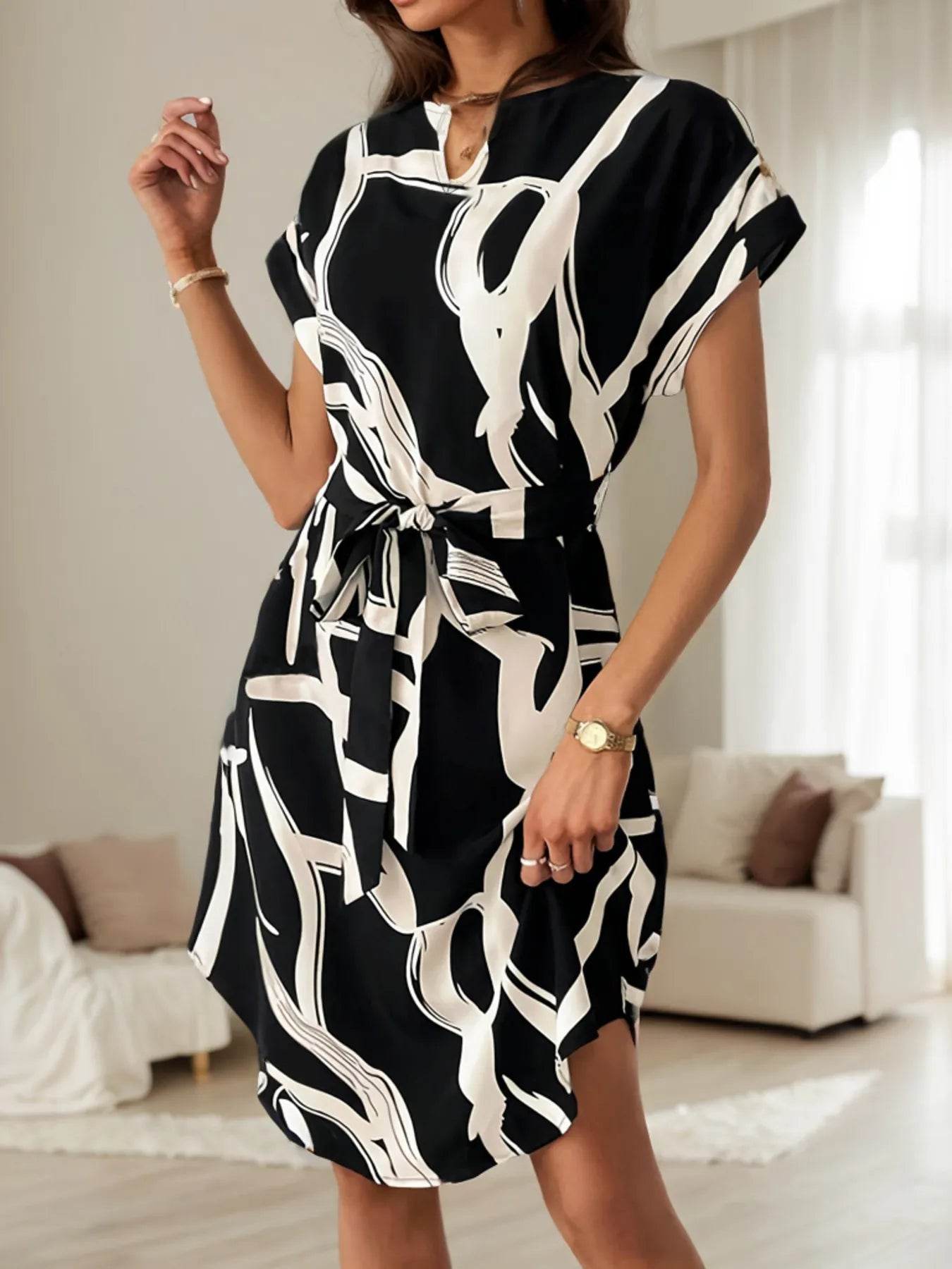 Curved Hem Notch Neckline Waist Tie Dress - MARIGOLD