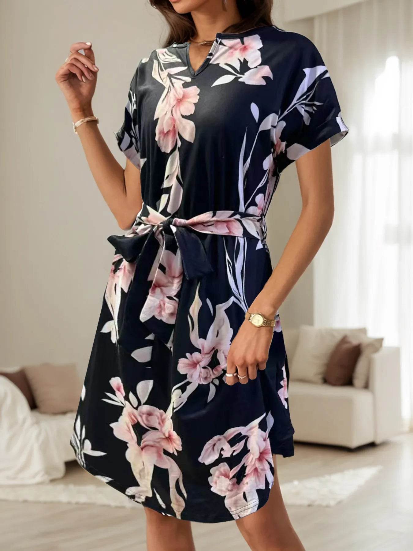 Curved Hem Notch Neckline Waist Tie Dress - MARIGOLD