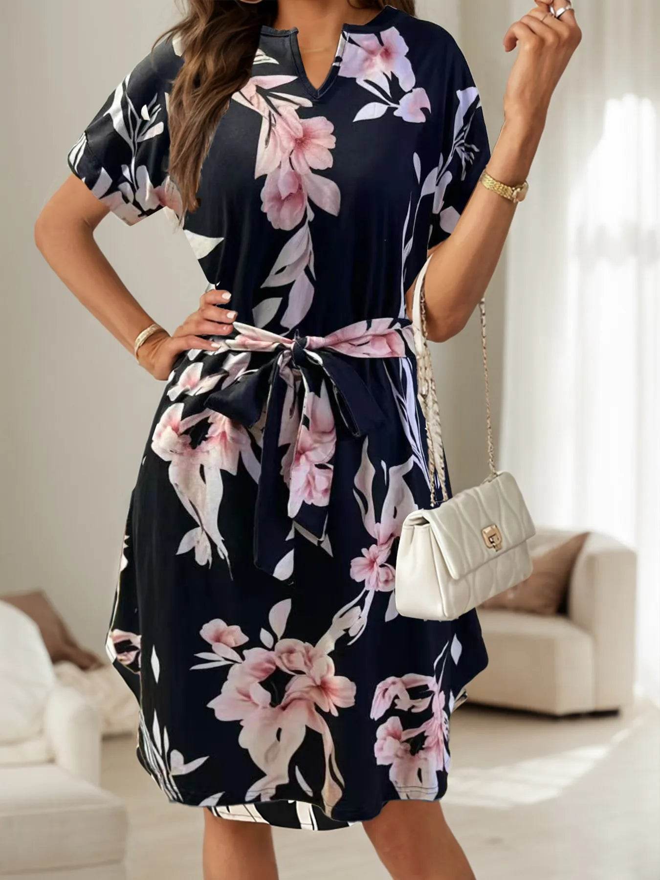 Curved Hem Notch Neckline Waist Tie Dress - MARIGOLD