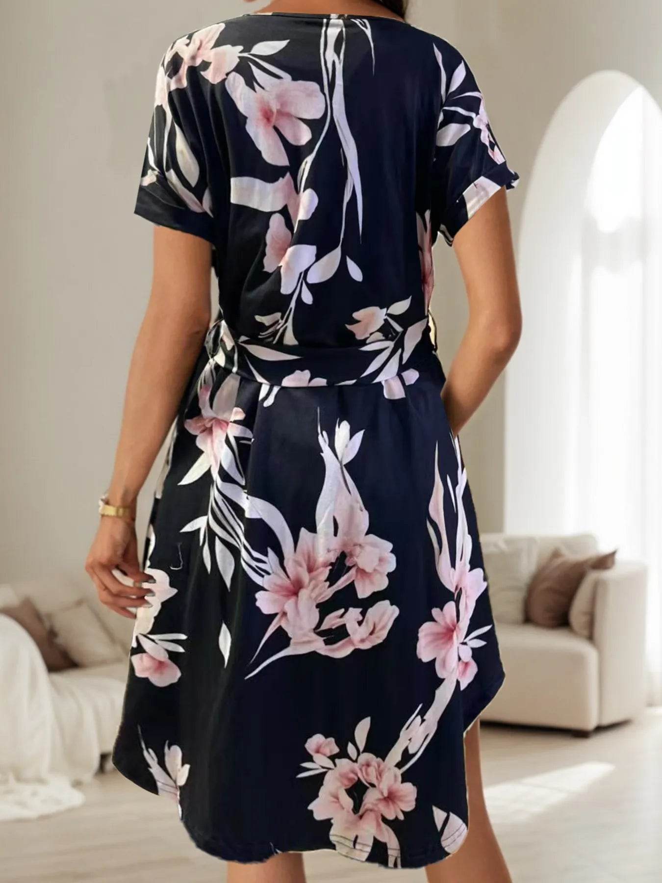 Curved Hem Notch Neckline Waist Tie Dress - MARIGOLD