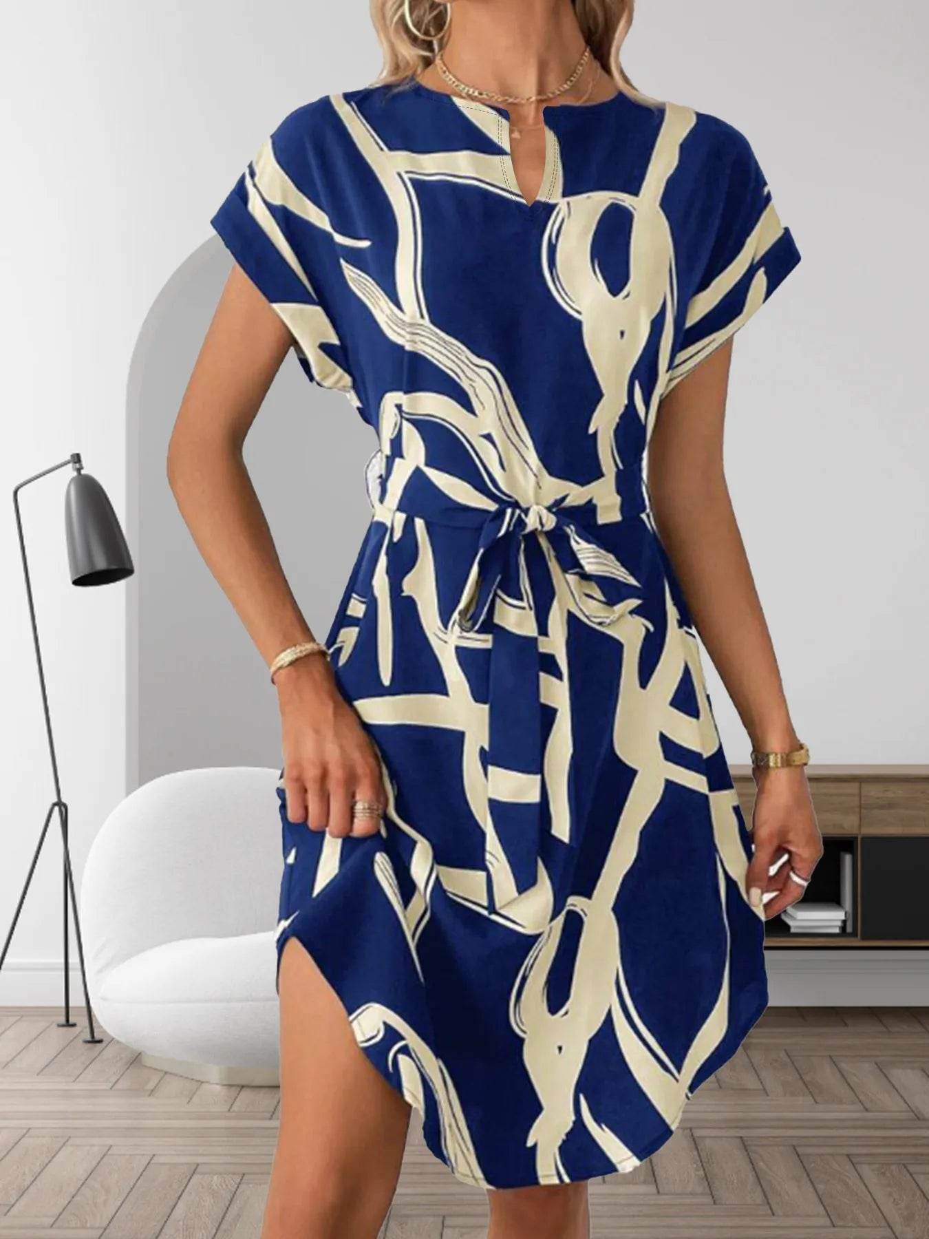Curved Hem Notch Neckline Waist Tie Dress - MARIGOLD